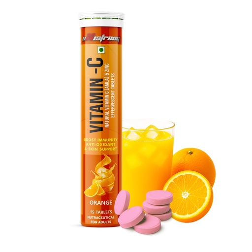 [BRSREGD6OUCBUDT5] Vitamin C Effervescent Orange Flavor Tablets with Amla Extract & Zinc | Immunity Booster, Antioxidant & Energy Support | Sugar-Free, Fast Absorption and Skin Radiance (15 Tabs)