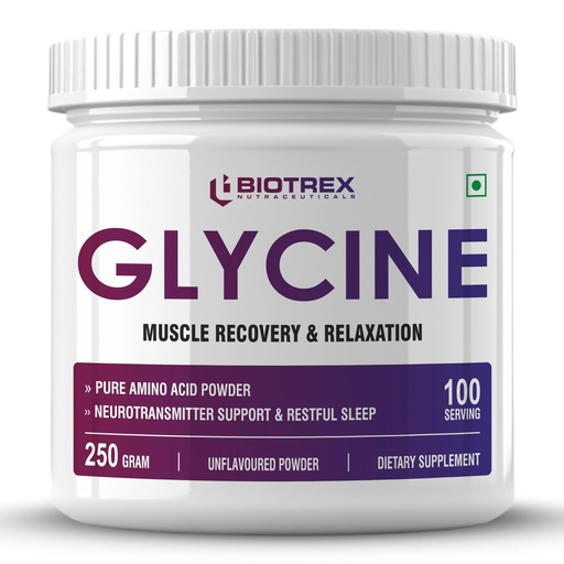 [BRSRGBI3PMHGCCLB] Biotrex Nutraceuticals Glycine Pure Amino Acid Powder | Muscle Recovery & Relaxation | Neurotransmitter Support & Restful Sleep | Enhances Energy & Strength | Unflavoured, Gluten Free - 250 gram (100 Servings)