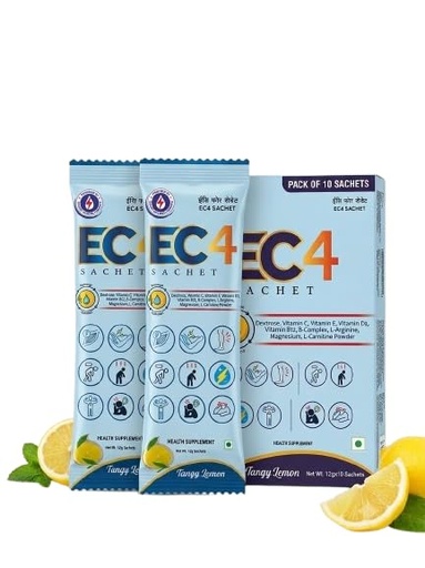 [BRSRYFD5CENW22Q6] EC4 Sachet 10 x 12g | Electrolyte & Nutritional Health Supplement | With Vitamins C, E, D3, B12, Magnesium, Potassium, L-Arginine & L-Carnitine | Tangy Lemon (Pack of 3)