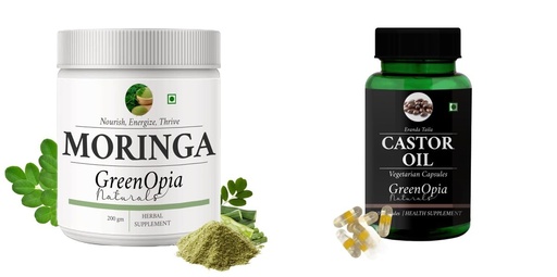 [BRSRYGAOCIBRQGTP] Moringa-oleifera-powder, Castor-oil-vegetarian-capsules Combo | Convenient Nutrition & Wellness Routine | Multi-Product Pack