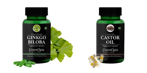 [BRSRYGAOAR5BS3T2] Ginkgo-biloba-vegetarian-capsules, Castor-oil-vegetarian-capsules Combo | Convenient Nutrition & Wellness Routine | Multi-Product Pack