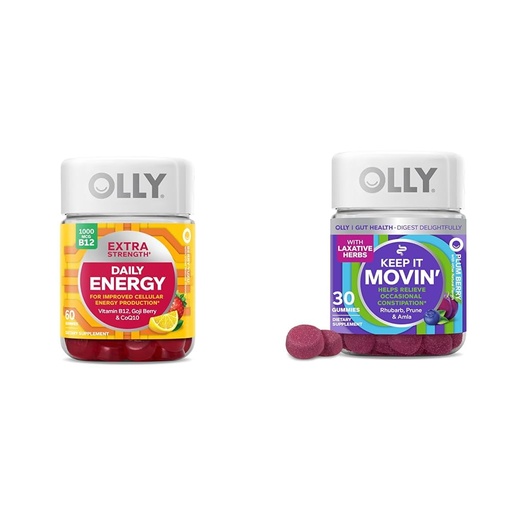 [BRSRAY33AF5QO2DU] OLLY Extra Strength Daily Energy Gummy with Vitamin B12, CoQ10, Goji Berry, 60 Count & Keep It Moving Constipation Relief Gummy with Rhubarb, Prunes, Amla, 30 Count