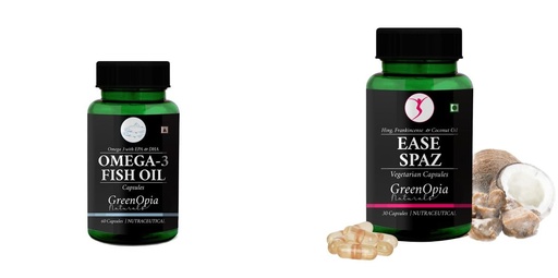 [BRSRYGAOBN6GAC3L] Fish-oil-capsules, Ease-spaz-vegetarian-capsules Combo | Convenient Nutrition & Wellness Routine | Multi-Product Pack