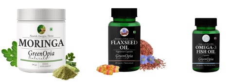 [BRSRYGAOCMAQAYLV] Moringa-oleifera-powder, Flax-seed-oil-vegetarian-capsules, Fish-oil-capsules Combo | Convenient Nutrition & Wellness Routine | Multi-Product Pack