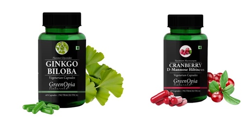 [BRSRYGAOA55R4CDB] Ginkgo-biloba-vegetarian-capsules, Cranberry-d-mannose-hibiscus-capsules Combo | Convenient Nutrition & Wellness Routine | Multi-Product Pack