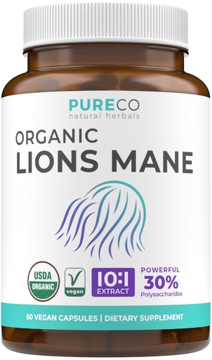 [BRSRM2Y2OIIGGH3H] PURE CO Organic Lions Mane Supplement Capsules - USDA Organic Mushroom Supplement Capsules with 1000mg Lion's Mane 10:1 Extract per Serving with 30% Polysaccharides - Vegan & Non-GMO (1 Month Supply)