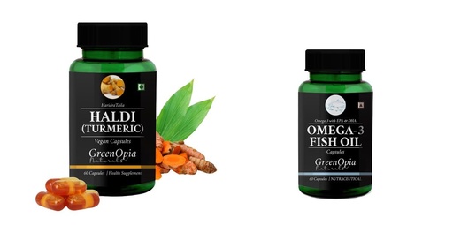 [BRSRYGAOAF6A4HLL] Haldi-oil-vegetarian-capsules, Fish-oil-capsules Combo | Convenient Nutrition & Wellness Routine | Multi-Product Pack