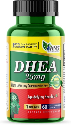 [BRSWYZYBAEMQYDT4] Amerika Medic & Science DHEA 25 mg (60 Tablet) | Kişi və Qadınlar üçün Dietary Supplement / Immune Support, Hormon Balance, Metabolizm Support / Yaş-Defying Faydaları