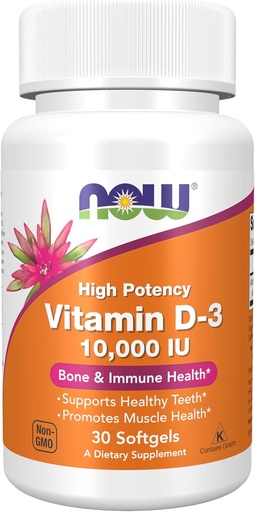 [BRSROHDRBV6RSCY6] NOW Foods Supplements, Vitamin D-3 10,000 IU, Highest Potency, Structural Support*, 30 Softgels