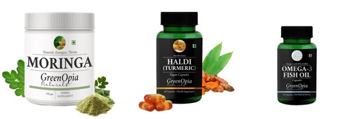 [BRSRYGAOCMGQKDT6] Moringa-oleifera-powder, Haldi-oil-vegetarian-capsules, Fish-oil-capsules Combo | Convenient Nutrition & Wellness Routine | Multi-Product Pack