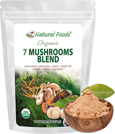 [BRSWYZ33PMCQYA37] Z Natural Foods Organic 7 Sacred Gumoes Blend - Gombapor Immune Health - Oroszlán sörénye, Cordyceps, Chaga, Red Reishi, Shiitake, Maitake & Turkey Tail Extract for Coffee, Smoothie, 1 lb