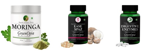 [BRSRYGAOBUIRO3AZ] Moringa-oleifera-powder, Ease-spaz-vegetarian-capsules, Digestive-enzymes-60-vegetarian-capsules Combo | Convenient Nutrition & Wellness Routine | Multi-Product Pack