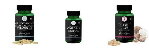 [BRSRYGAOAENQOALB] Glucosamine-msm-tablets, Fish-oil-capsules, Ease-spaz-vegetarian-capsules Combo | Convenient Nutrition & Wellness Routine | Multi-Product Pack