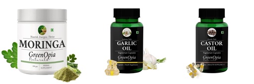 [BRSRYGAOBB7QG3L4] Moringa-oleifera-powder, Garlic-oil-vegetarian-capsules, Castor-oil-vegetarian-capsules Combo | Convenient Nutrition & Wellness Routine | Multi-Product Pack