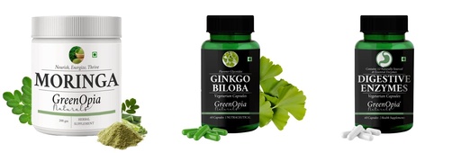 [BRSRYGAOBNYRGYLO] Moringa-oleifera-powder, Ginkgo-biloba-vegetarian-capsules, Digestive-enzymes-60-vegetarian-capsules Combo | Convenient Nutrition & Wellness Routine | Multi-Product Pack