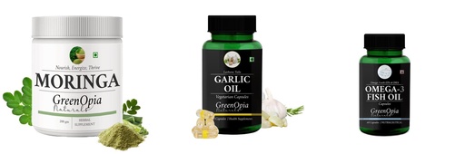 [BRSRYGAOAQGQMEQ7] Moringa-oleifera-powder, Garlic-oil-vegetarian-capsules, Fish-oil-capsules Combo | Convenient Nutrition & Wellness Routine | Multi-Product Pack
