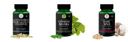 [BRSRYGAOAUPAKAYV] Glucosamine-msm-tablets, Ginkgo-biloba-vegetarian-capsules, Ease-spaz-vegetarian-capsules Combo | Convenient Nutrition & Wellness Routine | Multi-Product Pack
