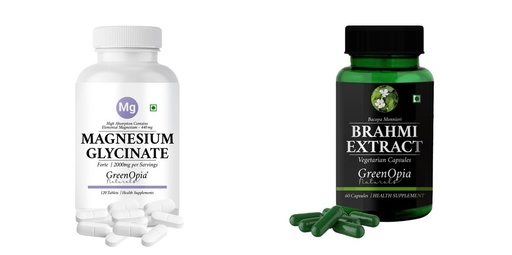 [BRSRYGAOAV4AG33O] Magnesium-glycinate-forte-tablets, Brahmi-vegetarian-capsules Combo | Convenient Nutrition & Wellness Routine | Multi-Product Pack
