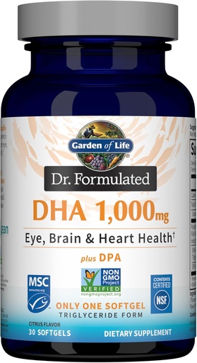 [BRSWYZALOABROCDZ] Jardín de la vida Dr. Formulado DHA 1000mg Fish Oil - Lemon, Once Daily 1000mg DHA + DPA en forma de triglicéridos, Single Source Omega 3 Suplemento para ojo final, cerebro y salud cardíaca, 30 Softgels