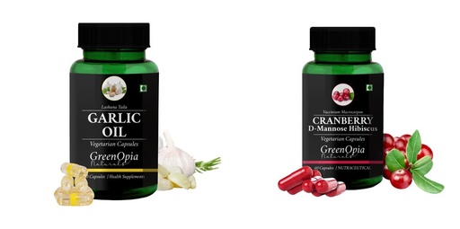 [BRSRYGAOAAIRU3TX] Garlic-oil-vegetarian-capsules, Cranberry-d-mannose-hibiscus-capsules Combo | Convenient Nutrition & Wellness Routine | Multi-Product Pack