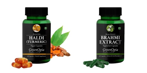 [BRSRYGAOAEJWE2TP] Haldi-oil-vegetarian-capsules, Brahmi-vegetarian-capsules Combo | Convenient Nutrition & Wellness Routine | Multi-Product Pack