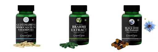 [BRSRYGAOBMIWCGTB] Glucosamine-msm-tablets, Brahmi-vegetarian-capsules, Black-seed-oil-capsules Combo | Convenient Nutrition & Wellness Routine | Multi-Product Pack