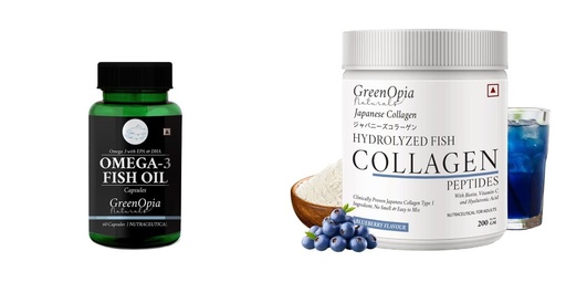 [BRSRYGAOBMNQ2H32] Fish-oil-capsules, Marine-collagen-peptides-powder-blueberry Combo | Convenient Nutrition & Wellness Routine | Multi-Product Pack