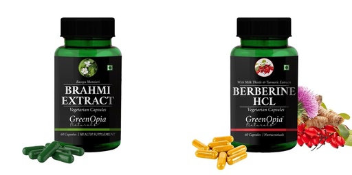 [BRSRYGAOAQIQ2AA7] Brahmi-vegetarian-capsules, Berberine-hcl-vegetarian-capsules Combo | Convenient Nutrition & Wellness Routine | Multi-Product Pack