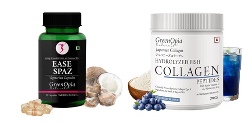[BRSRYGAOBAFQAHLX] Ease-spaz-vegetarian-capsules, Marine-collagen-peptides-powder-blueberry Combo | Convenient Nutrition & Wellness Routine | Multi-Product Pack