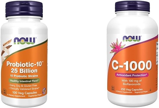 NOW Supplements, Probiotic-10™, 25 Billion, with 10 Probiotic Strains, Dairy, Soy and Gluten Free & Supplements, Vitamin C-1,000 with 100 mg of Bioflavonoids, Antioxidant Protection*, 250 Capsules