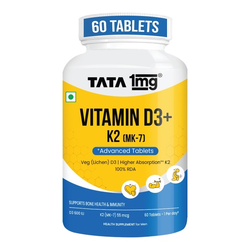[BRSREFA2DEGQOGTF] Tata 1mg Vitamin D3 + K2 (MK-7) | Supports Stronger Bones, Immunity & Calcium Absorption | 600 IU Vitamin D3 + 55 mcg K2 | Lichen Sourced, 100% Veg (60 Tablets)