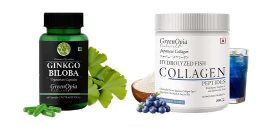[BRSRYGAOAF7GOYL7] Ginkgo-biloba-vegetarian-capsules, Marine-collagen-peptides-powder-blueberry Combo | Convenient Nutrition & Wellness Routine | Multi-Product Pack