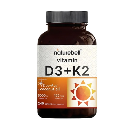 [BRSW2HYDDIPQYAIU] NatureBell Vitamin D3 K2-240 Softgels - 5,000 IU Vitamin D3 & 100mcg Vitamin K2 MK-7 - with Virgin Coconut Oil - Bone, Heart & Immune Health Support* - Duo-Ack Formula