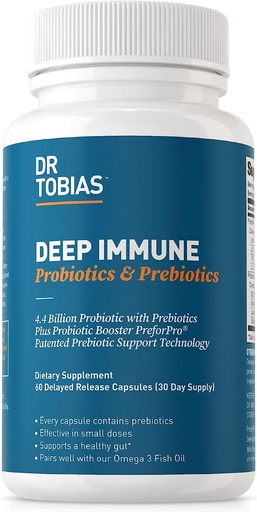 [BRSROHQKC5YG2D3F] Dr Tobias Deep Immune Probiotics & Prebiotics, 4.4 Billion CFU Probiotics for Women & Men, Supports Digestive Health, Gut Immune Function, Nutrient Absorption, 60 Capsules, 30 Servings