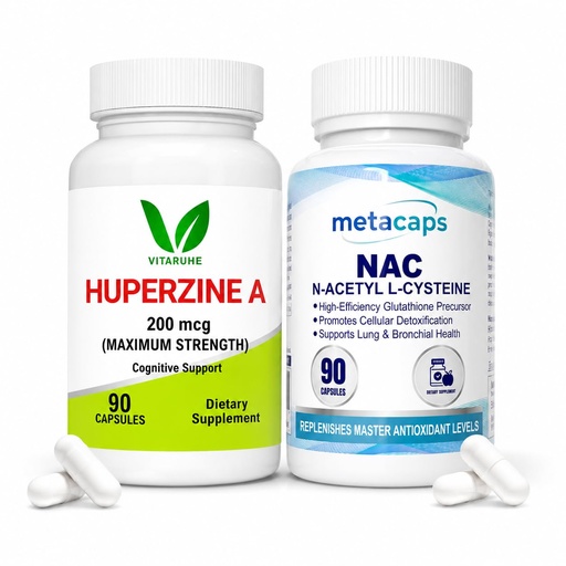 [BRSRYYIFBENW223A] Vitaruhe Huperzine A 200mcg + Metacaps NAC (N-Acetyl L-Cysteine) Bundle | Cognitive Performance, Memory, Focus, Antioxidant, Detox & Cellular Health Support | 90 Capsules Each