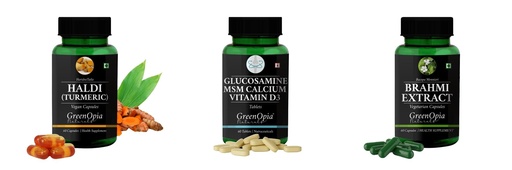 [BRSRYGAOBYGRU2TV] Haldi-oil-vegetarian-capsules, Glucosamine-msm-tablets, Brahmi-vegetarian-capsules Combo | Convenient Nutrition & Wellness Routine | Multi-Product Pack