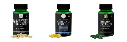 [BRSRYGAOBACA4F3F] Glucosamine-msm-tablets, Fish-oil-double-strength, Brahmi-vegetarian-capsules Combo | Convenient Nutrition & Wellness Routine | Multi-Product Pack