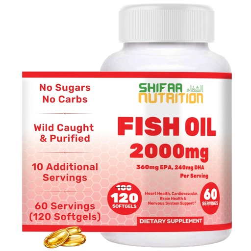 [BRSWYAIBDINA4F3X] Halal Omega 3 Fish Oil 2000mg - 60 Servings, 120 Softgels. Wild Caught, Purified, Keto Friendly, Non-GMO & Gluten-Free. Brain, Heart & Cardiovascular Support. Burpless Fish Oil Omega 3 Supplements