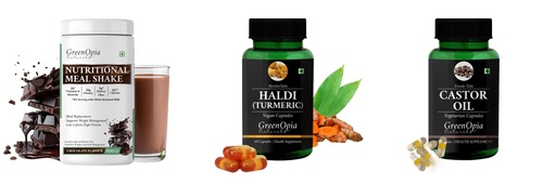 [BRSRYGAOAUPGY3I2] Nutritional-meal-shake-chocolate, Haldi-oil-vegetarian-capsules, Castor-oil-vegetarian-capsules Combo | Convenient Nutrition & Wellness Routine | Multi-Product Pack