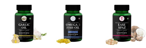 [BRSRYGAOB4CAAYAY] Garlic-oil-vegetarian-capsules, Fish-oil-double-strength, Ease-spaz-vegetarian-capsules Combo | Convenient Nutrition & Wellness Routine | Multi-Product Pack