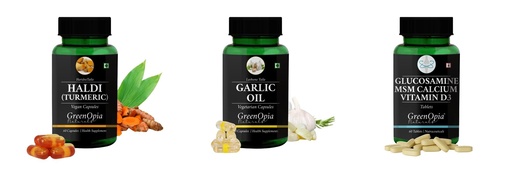 [BRSRYGAOB4ARQDTL] Haldi-oil-vegetarian-capsules, Garlic-oil-vegetarian-capsules, Glucosamine-msm-tablets Combo | Convenient Nutrition & Wellness Routine | Multi-Product Pack