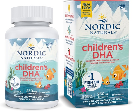 [BRSWIYAKCIOGC2TO] Nordic Naturals Children’s DHA, Strawberry - 360 Mini Chewable Soft Gels for Kids - 250 mg Omega-3 with EPA & DHA - Brain Development & Function - Non-GMO - 90 Servings