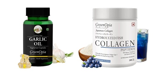 [BRSRYGAOB4JWODT3] Garlic-oil-vegetarian-capsules, Marine-collagen-peptides-powder-blueberry Combo | Convenient Nutrition & Wellness Routine | Multi-Product Pack