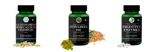 [BRSRYGAOBAHRMH36] Glucosamine-msm-tablets, Fenugreek-oil-vegetarian-capsules, Digestive-enzymes-60-vegetarian-capsules Combo | Convenient Nutrition & Wellness Routine | Multi-Product Pack