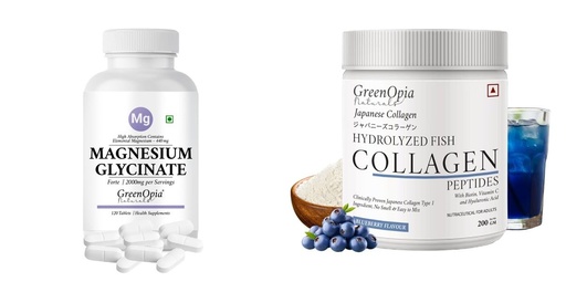 [BRSRYGAOA5YWGG37] Magnesium-glycinate-forte-tablets, Marine-collagen-peptides-powder-blueberry Combo | Convenient Nutrition & Wellness Routine | Multi-Product Pack
