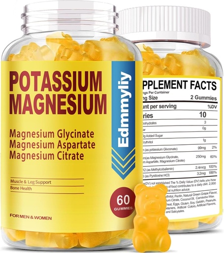 [BRSRA2YHPMNGE3YU] Potassium Magnesium Supplement Gummies for Adults High Absorption Potassium Gluconate 99mg Magnesium Citrate 250mg with Vitamin B6 B12 Supports Mood, Energy, Muscle Relaxation, Bone Health, Sugar Free