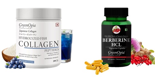 [BRSRYGAOBAGRM3LB] Marine-collagen-peptides-powder-blueberry, Berberine-hcl-vegetarian-capsules Combo | Convenient Nutrition & Wellness Routine | Multi-Product Pack