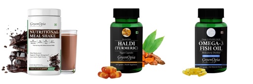 [BRSRYGAOAUMQEYLK] Nutritional-meal-shake-chocolate, Haldi-oil-vegetarian-capsules, Fish-oil-double-strength Combo | Convenient Nutrition & Wellness Routine | Multi-Product Pack