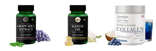 [BRSRYGAOAEMWAA32] Grape-seed-extract-60-vegetarian-capsules, Garlic-oil-vegetarian-capsules, Marine-collagen-peptides-powder-blueberry Combo | Convenient Nutrition & Wellness Routine | Multi-