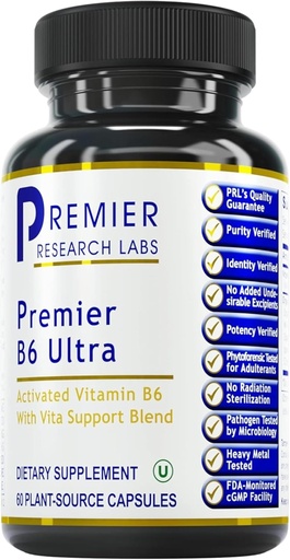 [BRSWYBA6BYFAGH3H] Premier Research Labs Premier B6 Ultra- P5P Vitamin B6, Pyridoxal 5 Phosphate B6 Vitamins Supplement, 50mg B6 Per Capsule, Active Form for Energy Metabolism, & Brain Function - 60 Vegetarian Capsules